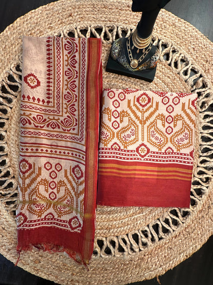 Beige-Rust Printed Chanderi 3-Piece Unstitched Suit