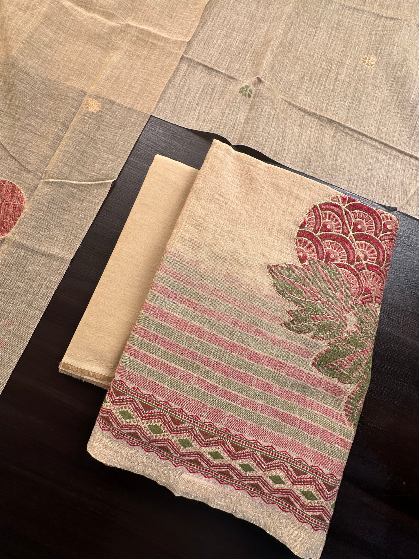 Beige Jamdani Cotton 3-Piece Suit