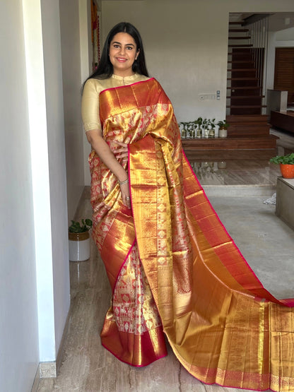 Golden-Rani Handloom Jamawar Pure Tissue Silk Saree