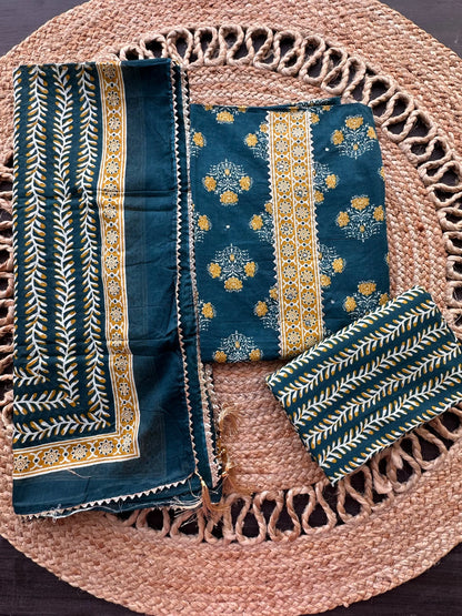 Teal Blue Jaipuri Necktie Cotton 3-Piece Suit