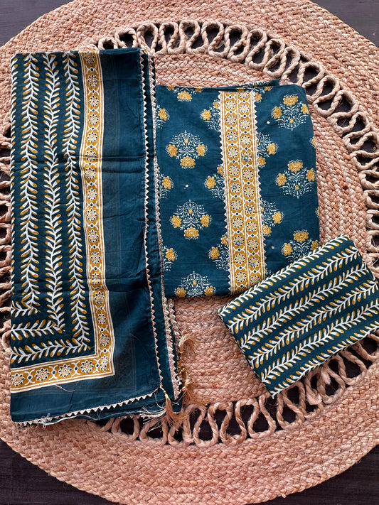 Teal Blue Jaipuri Necktie Cotton 3-Piece Suit