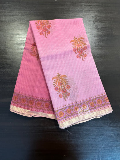 Pink Block Print Kota Doria Cotton Saree