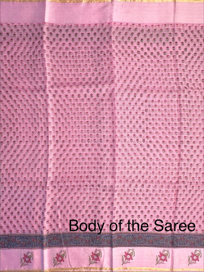 Pink Hand Block-Print Pure Kota Doria Silk Saree