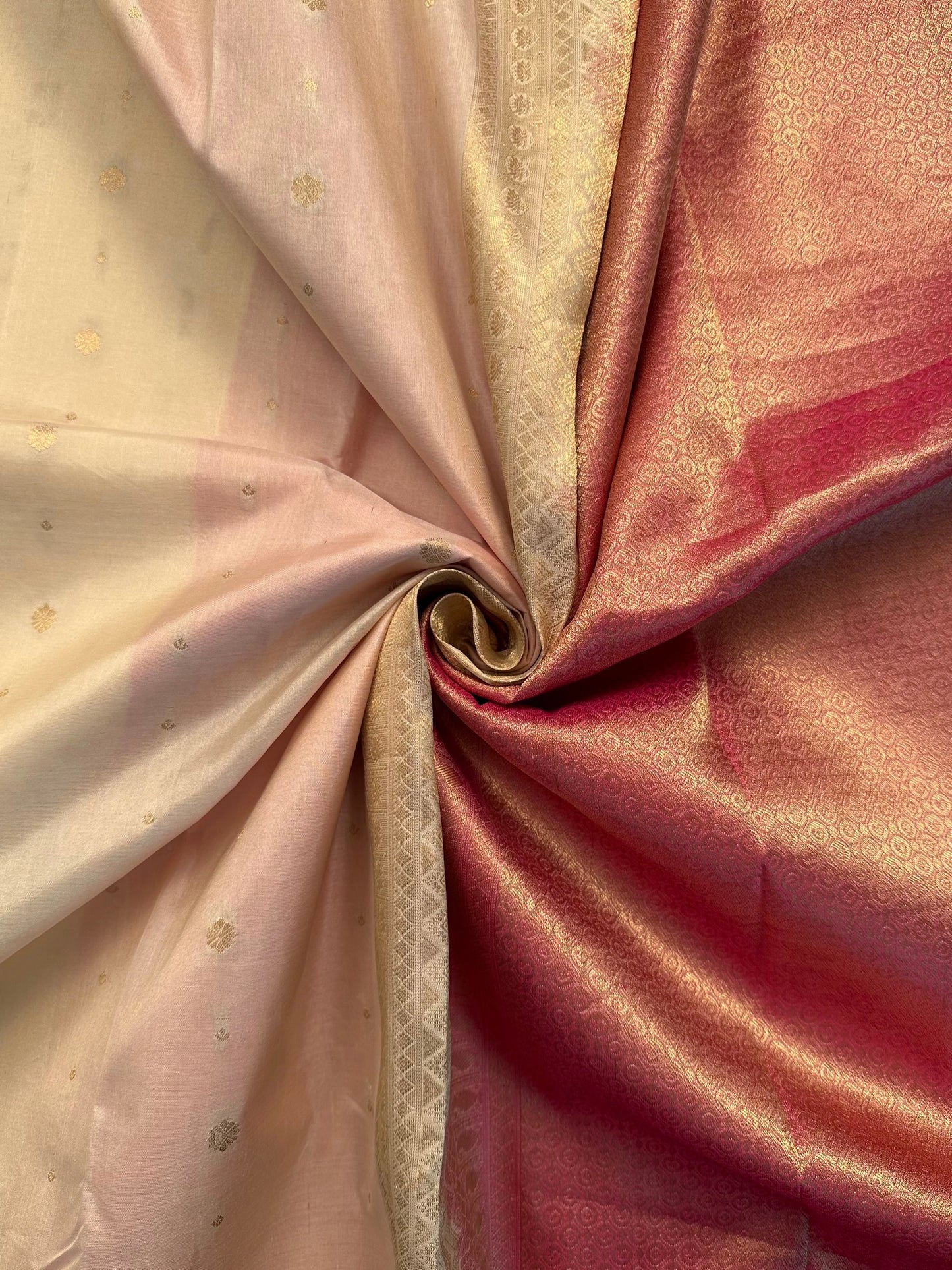 Cream-Dusky Pink Pondicherry Pure Silk Saree
