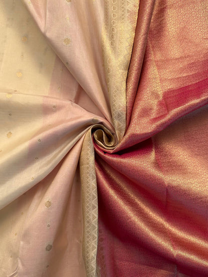 Cream-Dusky Pink Pondicherry Pure Silk Saree