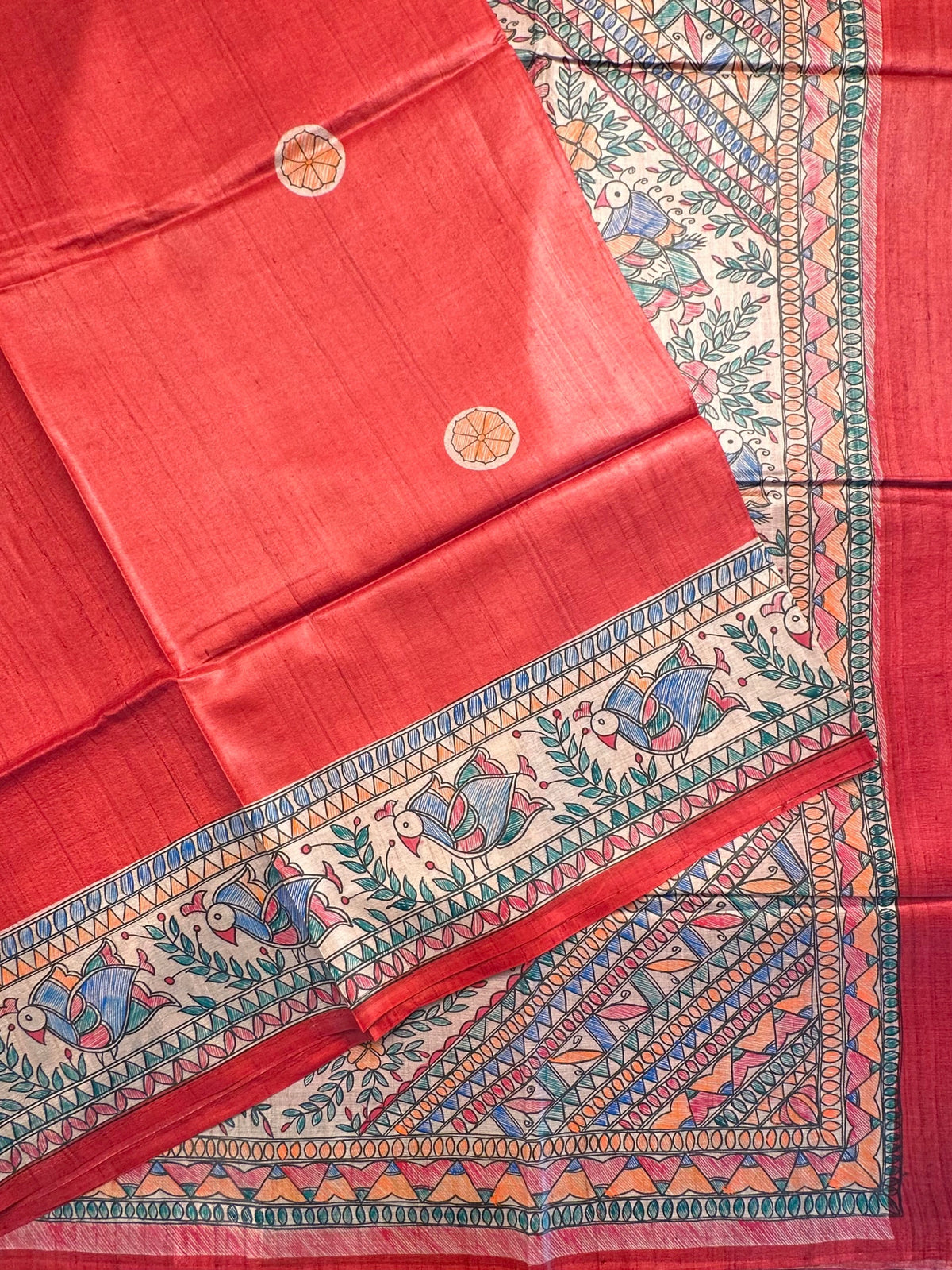 Red Madhubani Art Pure Tussar Silk Saree