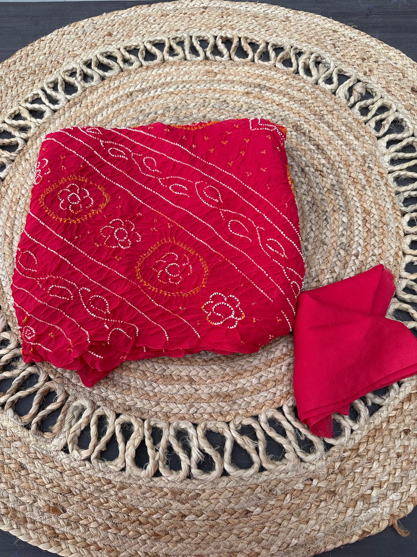 Coral Pink Bandhej Chinon Saree