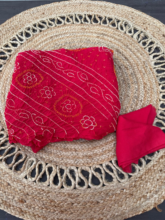Coral Pink Bandhej Chinon Saree