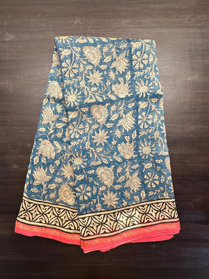 Blue Chanderi Saree with Hand Block Print