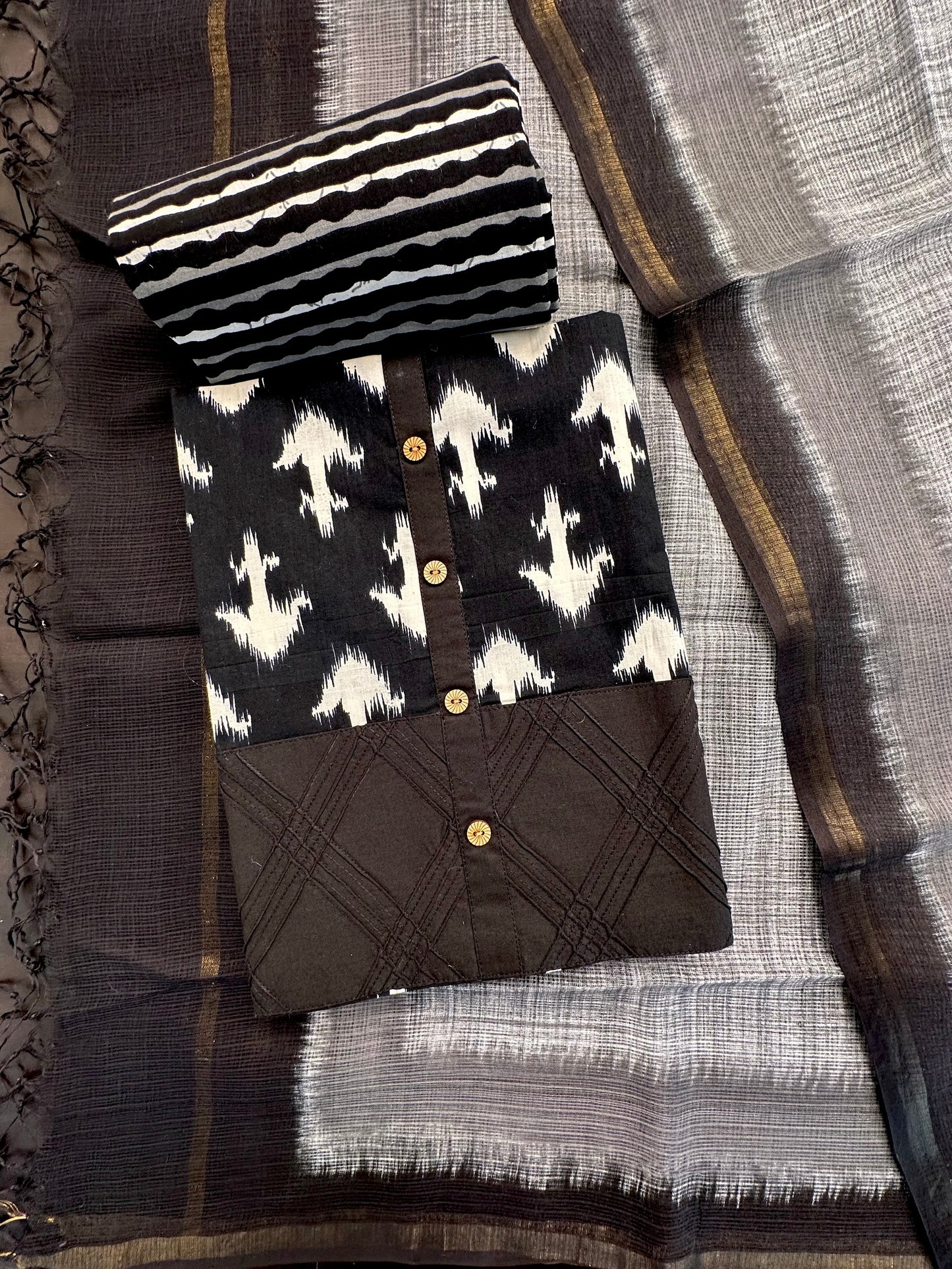 Black Jaipuri Cotton 3-Piece Suit