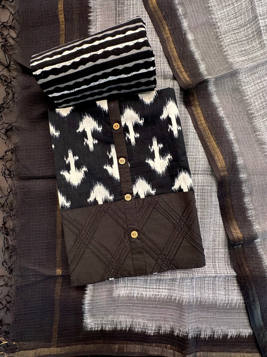 Black Jaipuri Cotton 3-Piece Suit