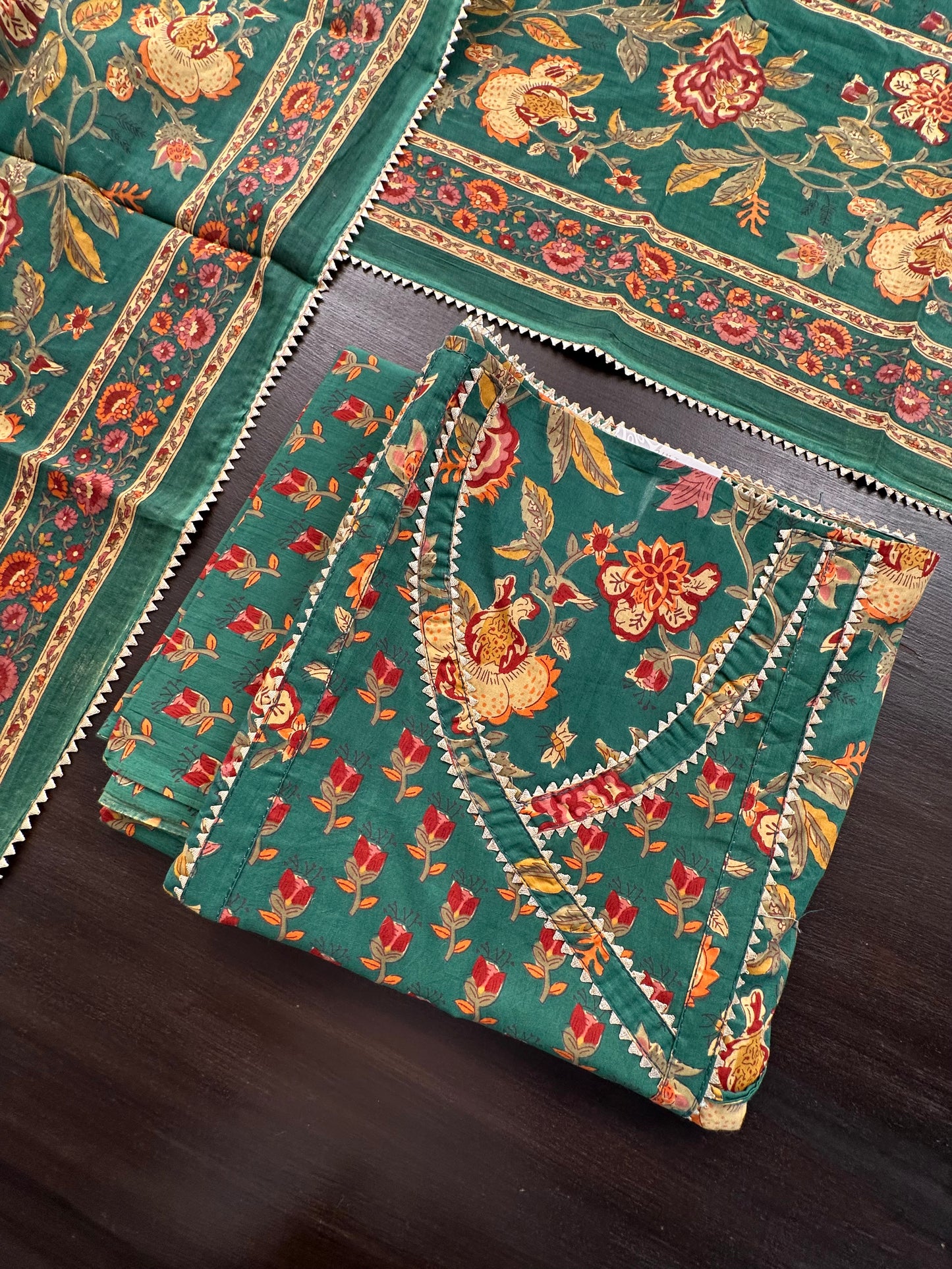 Bottle Green  Angrakha Printed Cotton 3-Piece Suit