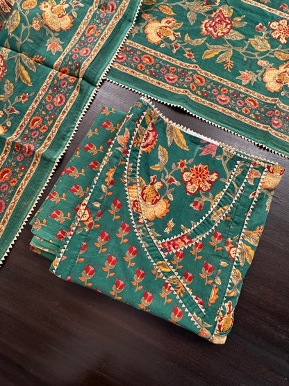 Bottle Green  Angrakha Printed Cotton 3-Piece Suit