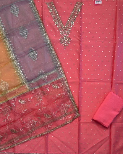 Pink Tissue Neck Work  Chanderi Unstitched 3-Piece Suit