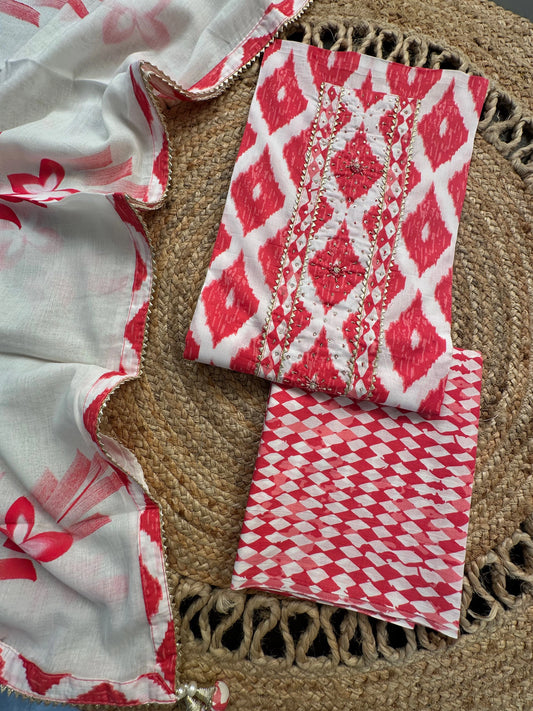 Off White- Red Printed Cotton 3-Piece Suit