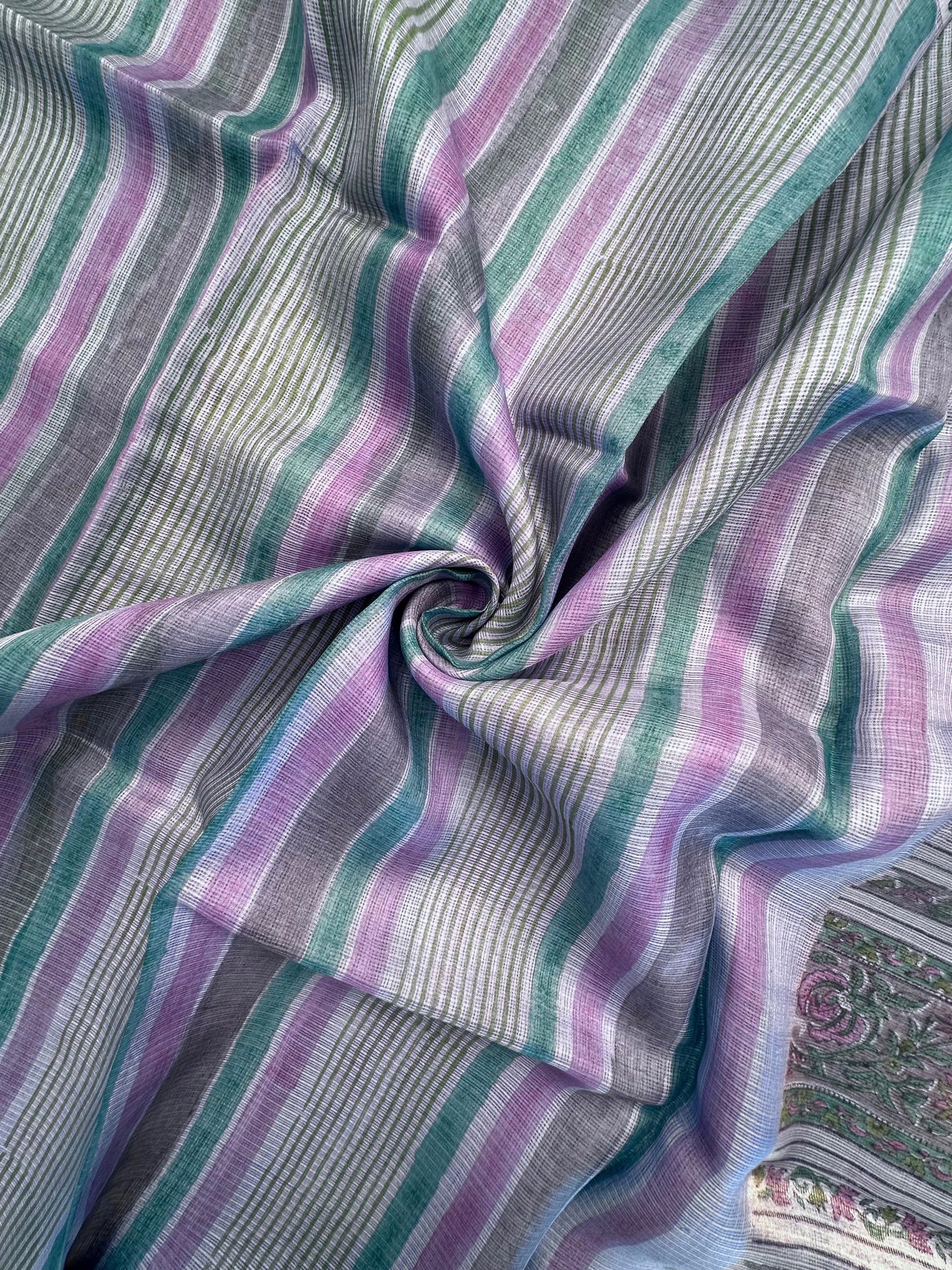 Blue-Multi Colour Hand Block-Print Pure Kota Doria Silk Saree