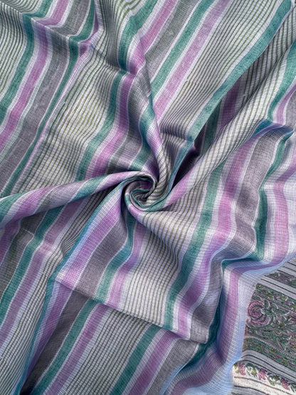 Blue-Multi Colour Hand Block-Print Pure Kota Doria Silk Saree