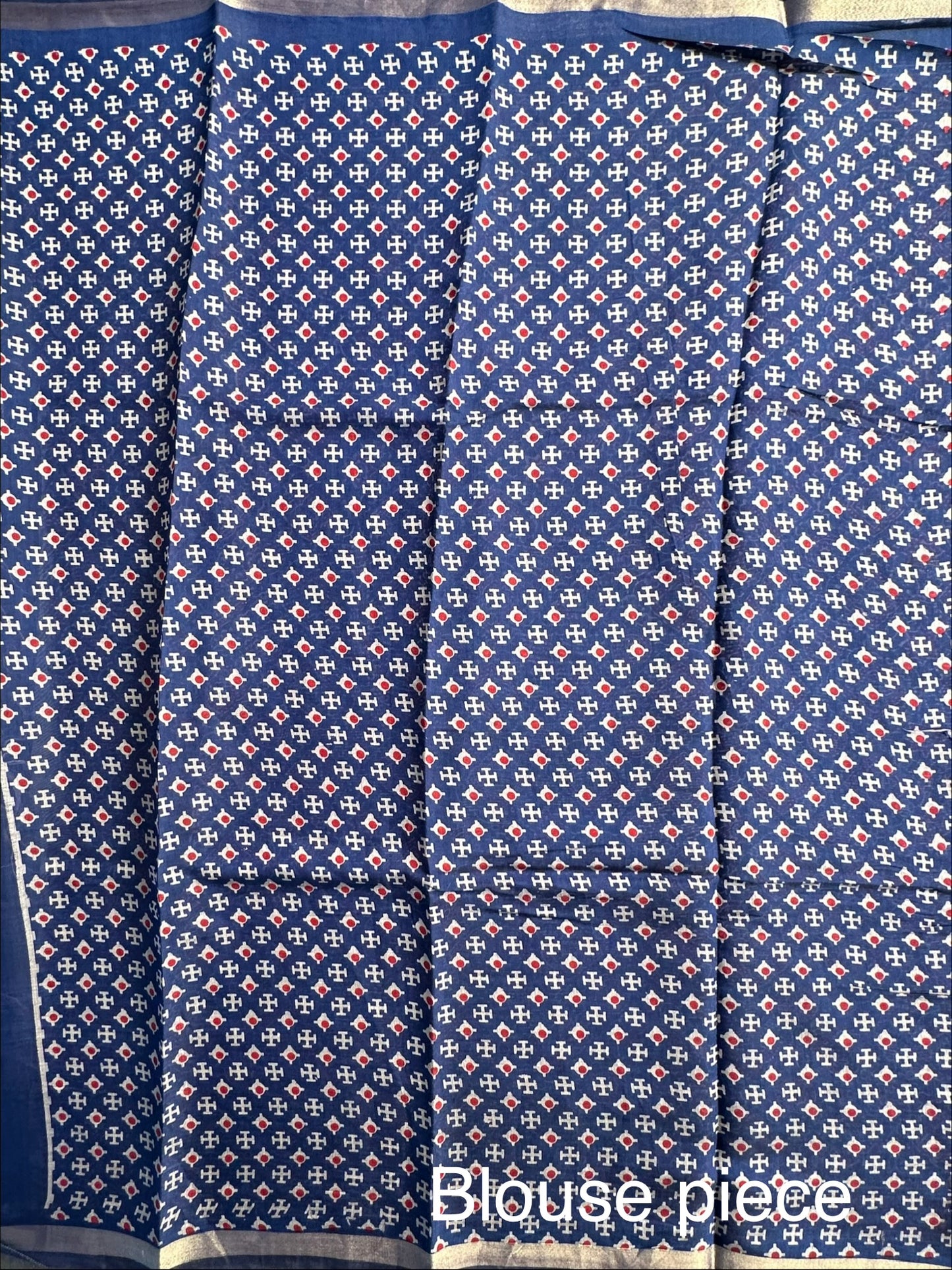 Navy Blue Ajrakh Print Cotton Blend Saree