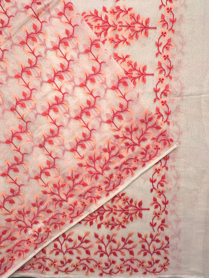 Off White-Red Jamdani Fancy Cotton Saree