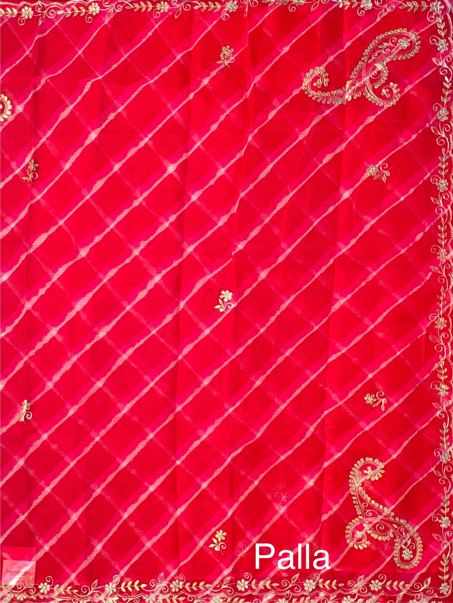 Red-Pink Kyra Leheriya Kota Doria Pure Silk Saree With Gota Patti Work
