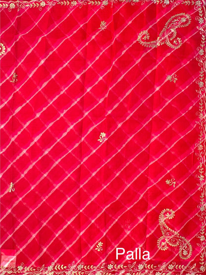 Red-Pink Kyra Leheriya Kota Doria Pure Silk Saree With Gota Patti Work