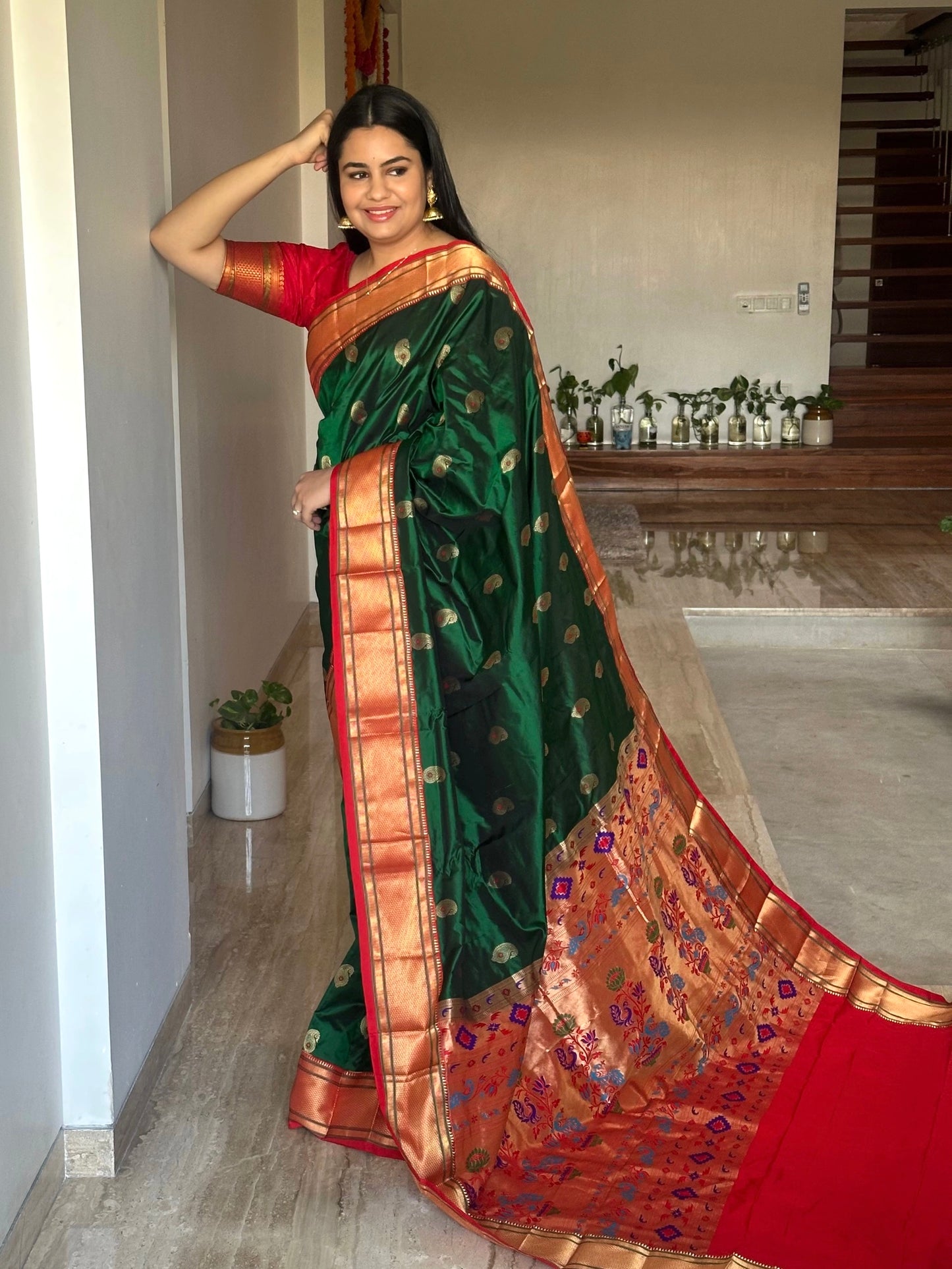 Bottle Green-Red Paithini Silk Saree