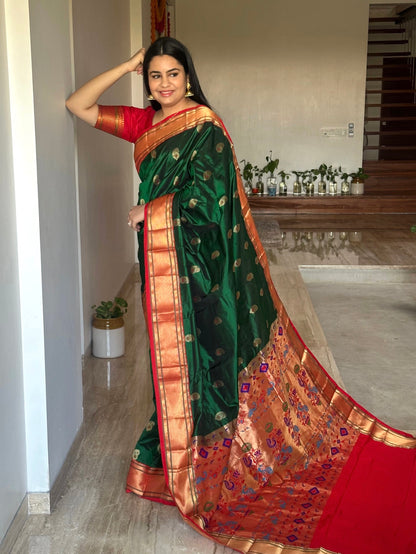 Bottle Green-Red Paithini Silk Saree