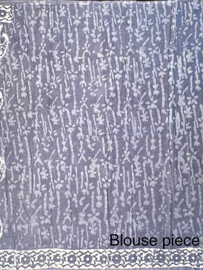 Bluish Grey Hand Block Print Pure Cotton Saree