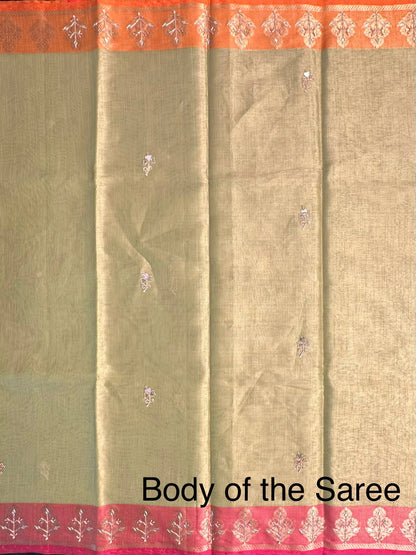 Parrot Green Hand Work Fancy Tissue Saree