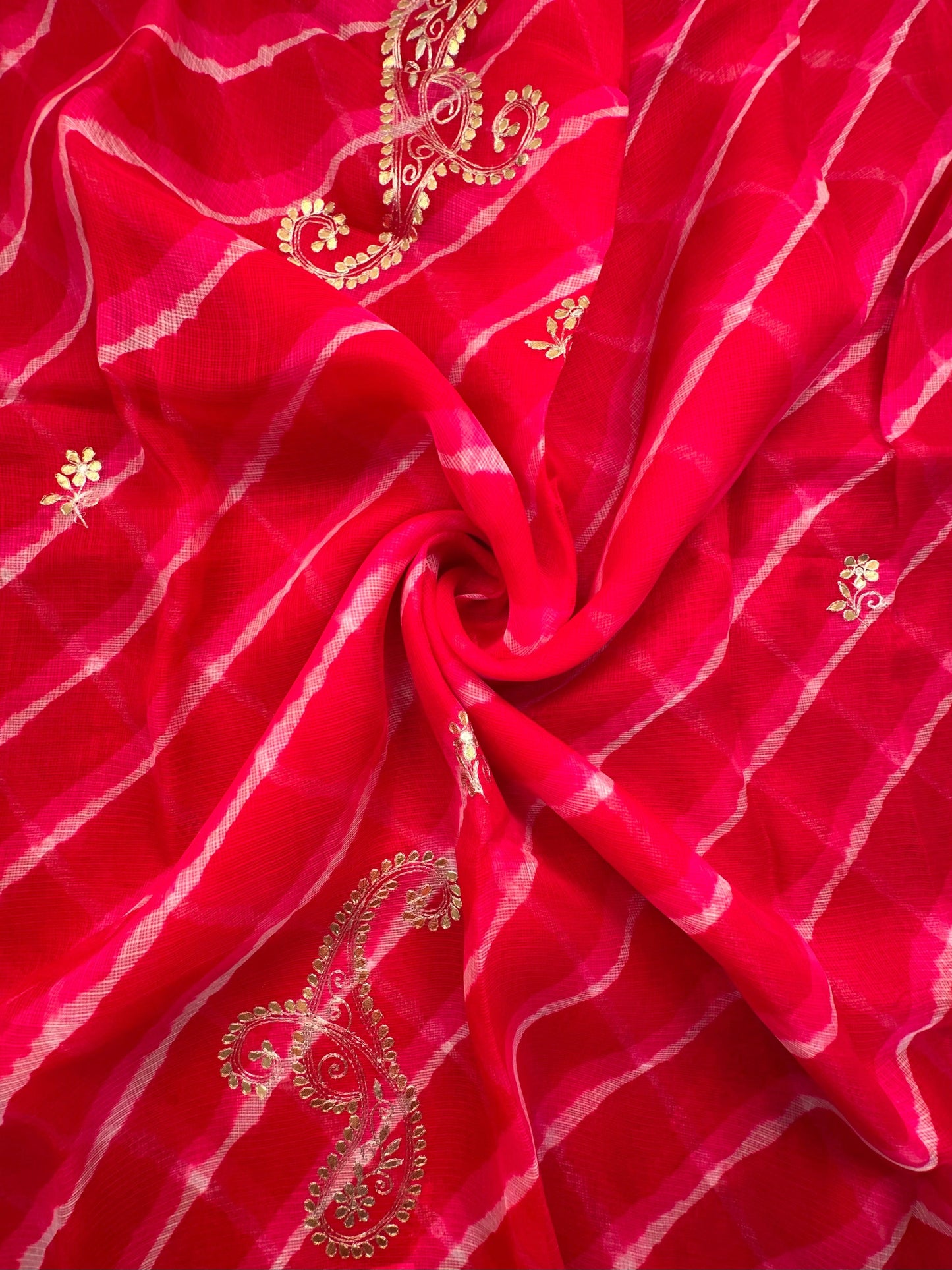 Red-Pink Kyra Leheriya Kota Doria Pure Silk Saree With Gota Patti Work