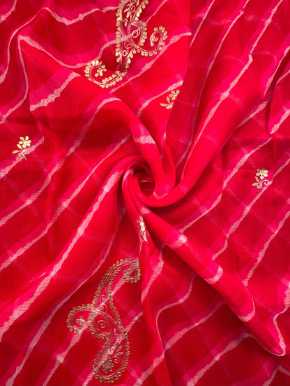 Red-Pink Kyra Leheriya Kota Doria Pure Silk Saree With Gota Patti Work