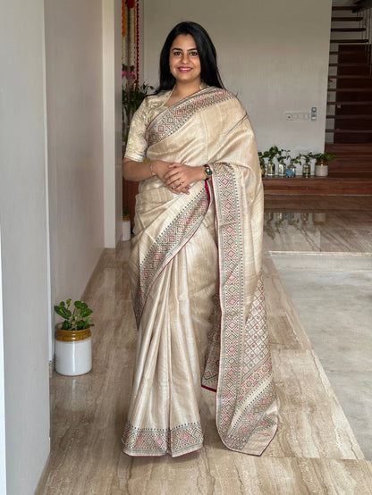 Beige Pure Tussar Silk Saree With Embroidery