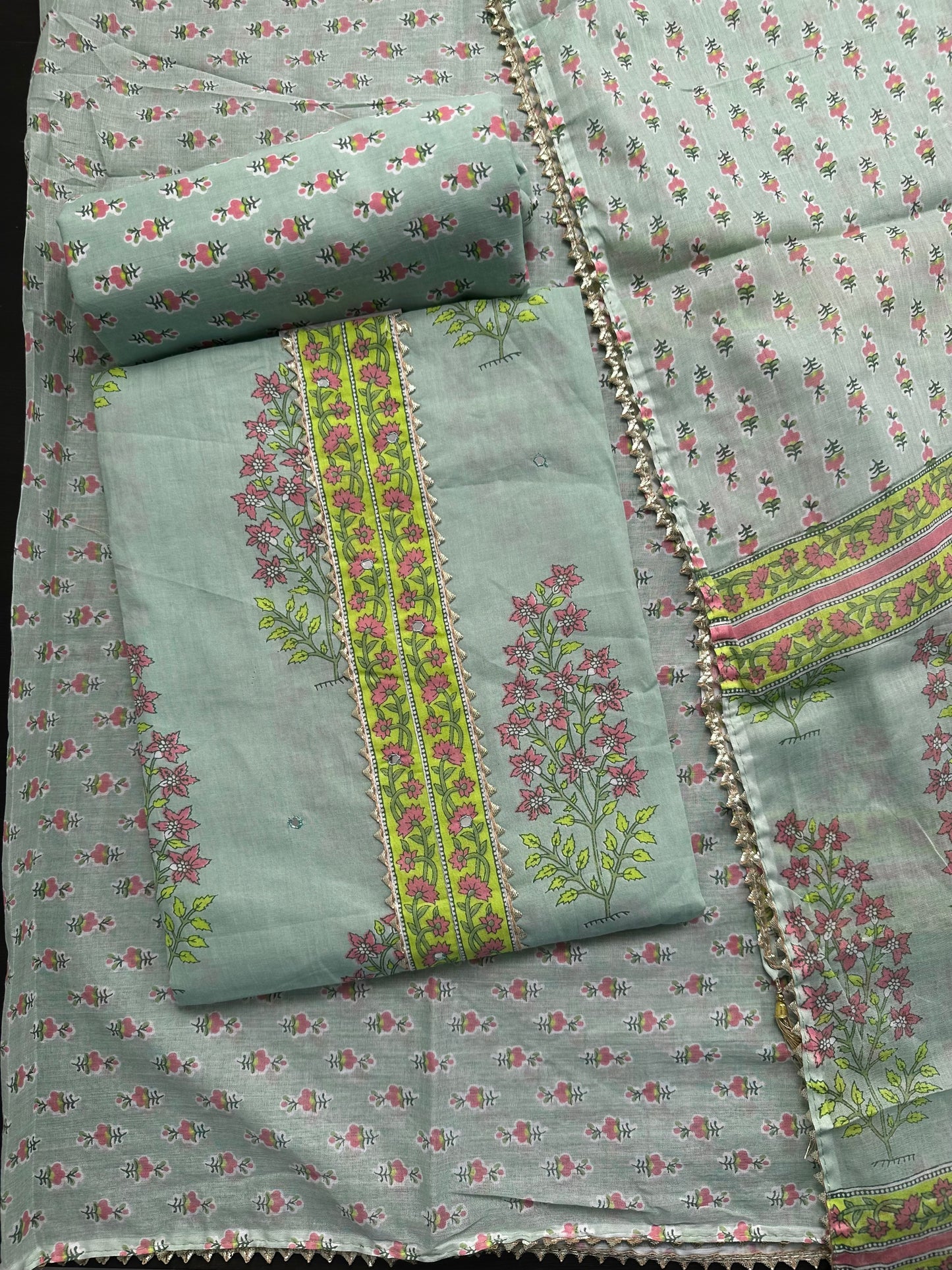 Pista Green  Jaipuri Necktie Cotton 3-Piece Suit