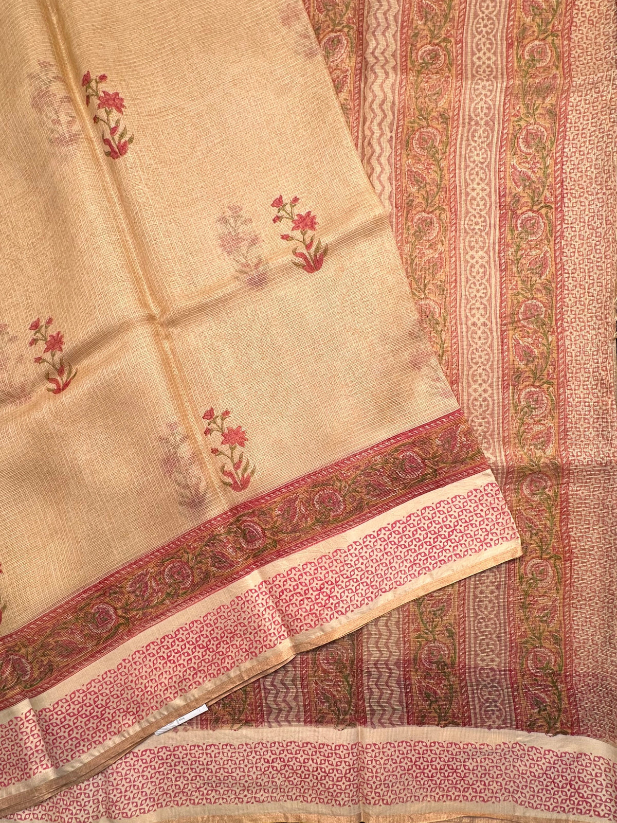 Beige Hand Block-Print Pure Kota Doria Silk Saree