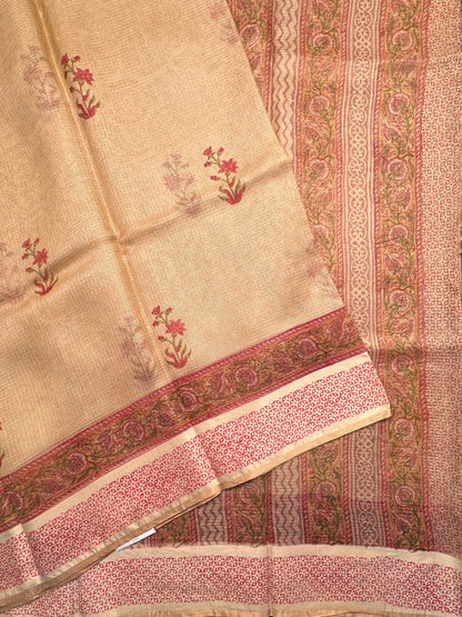 Beige Hand Block-Print Pure Kota Doria Silk Saree
