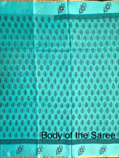 Sea Green Hand Block-Print Pure Kota Doria Silk Saree