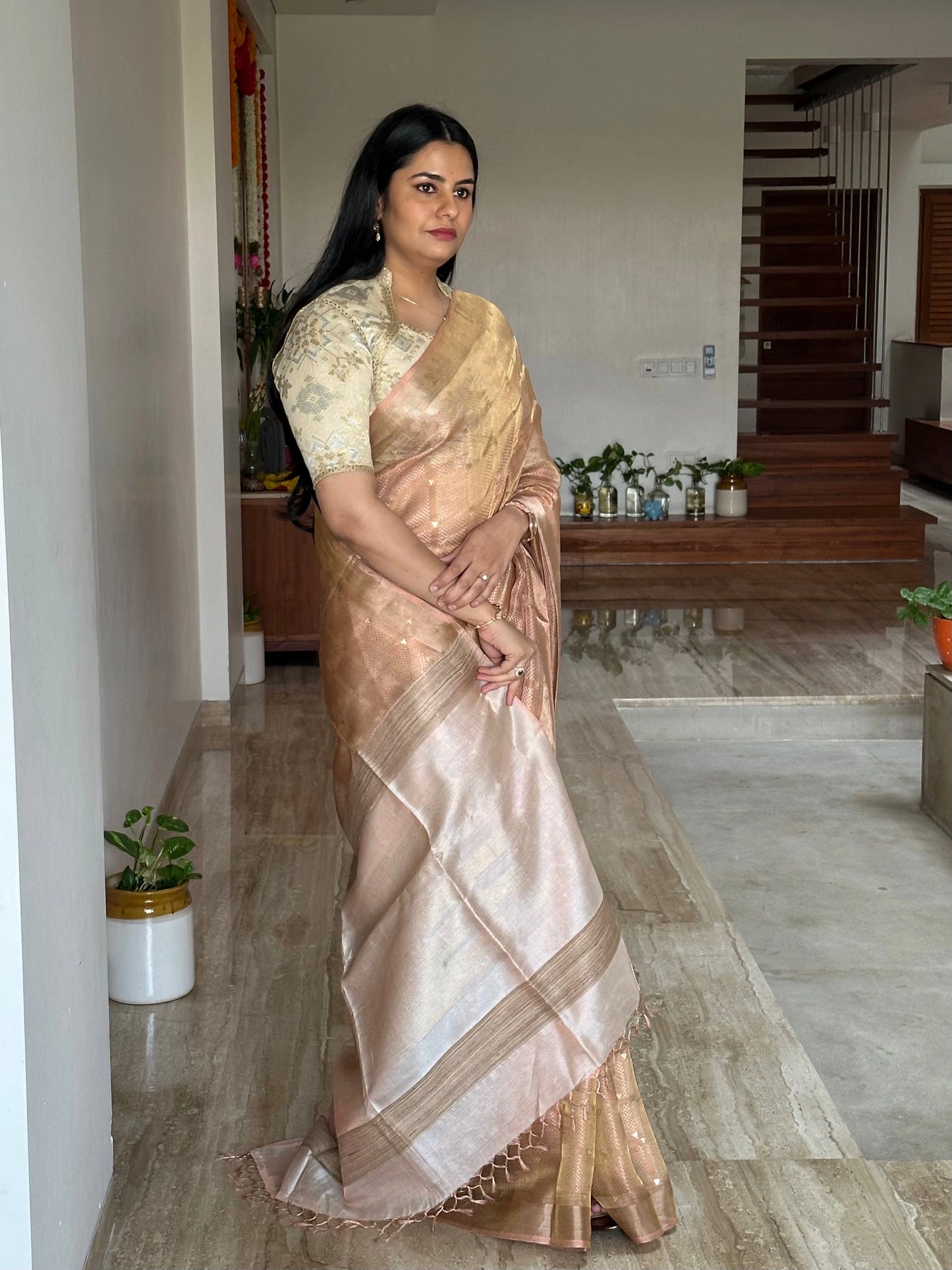 Baby Pink Emboss Pure Tissue Silk Saree