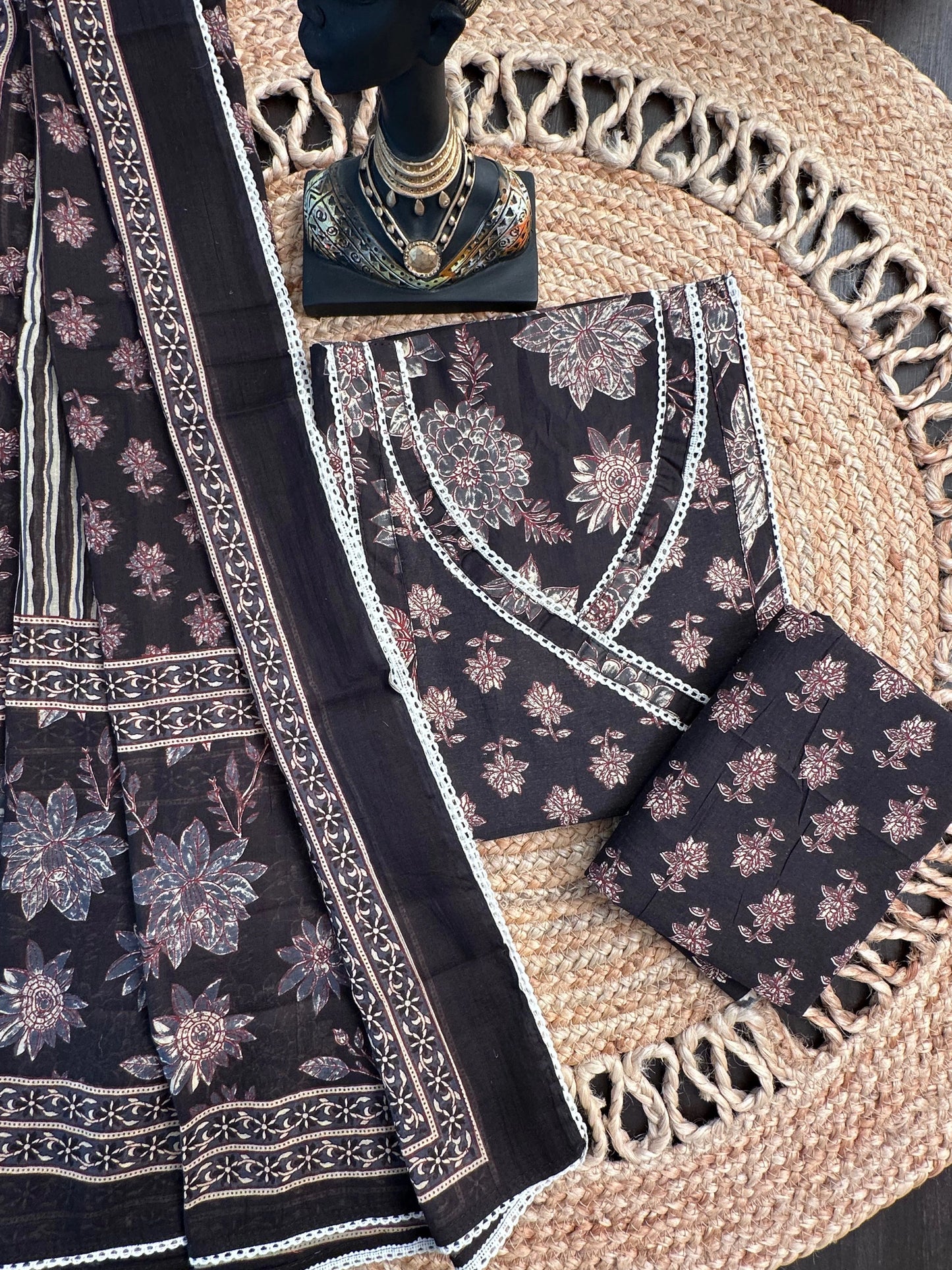 Black Angrakha Printed Cotton 3-Piece Suit