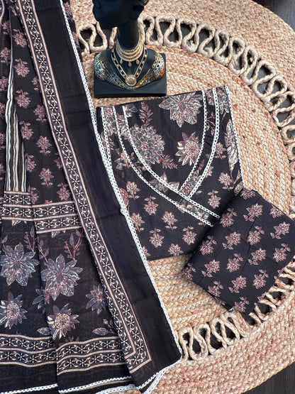 Black Angrakha Printed Cotton 3-Piece Suit