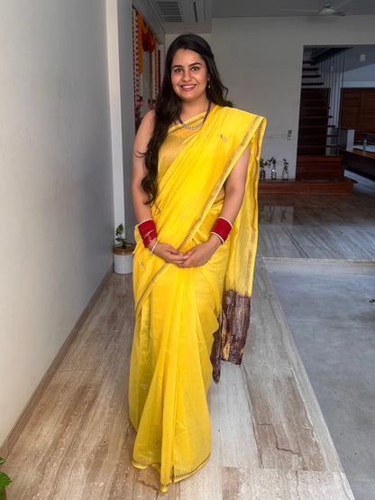 Yellow Drishti Chanderi Saree With Hand Work