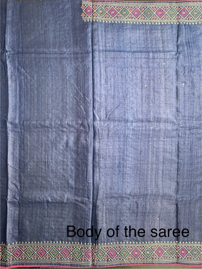 Navy Blue Pure Tussar Silk Saree With Embroidery