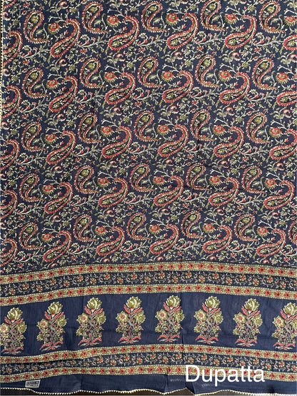 Navy Blue Angrakha Printed Cotton 3-Piece Suit