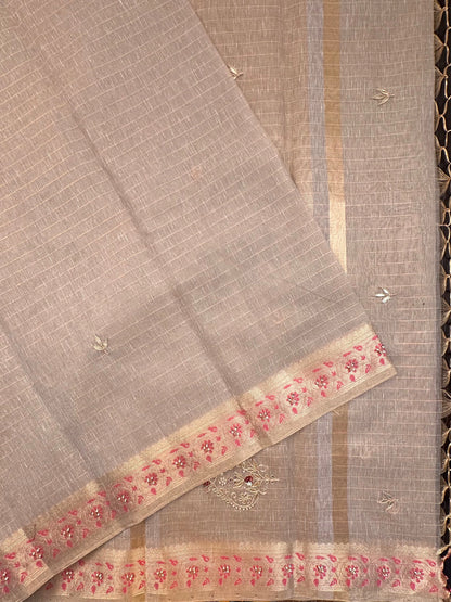 Grey Fancy Zari Cotton Saree With Hand Work