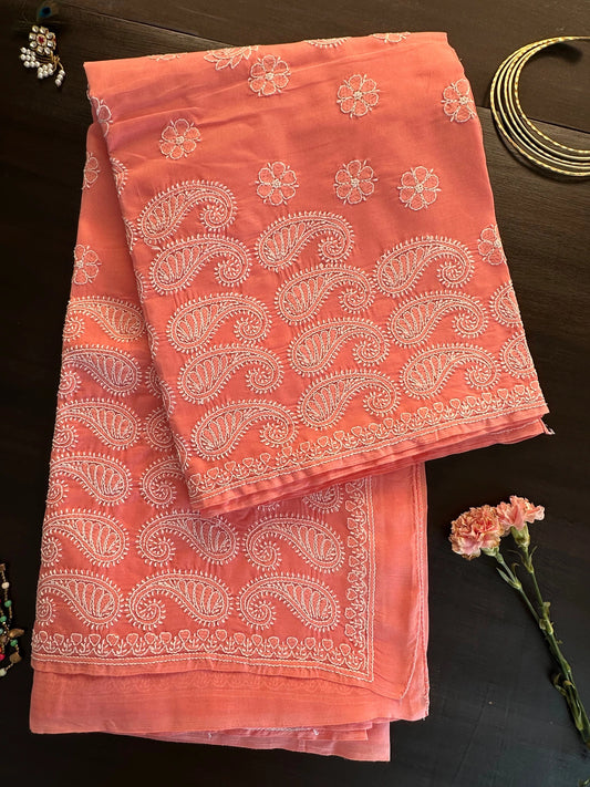 Coral Pink Chikankari Cotton Saree