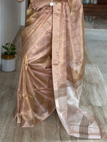 Baby Pink Emboss Pure Tissue Silk Saree