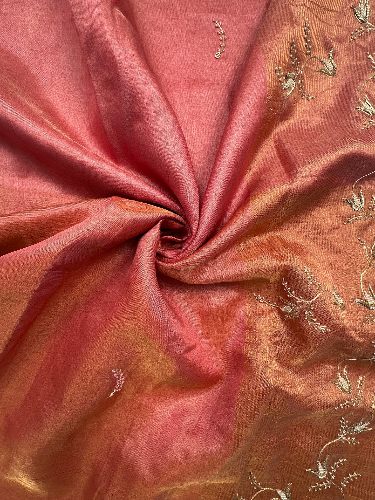 Coral Pink Tissue Silk Saree With Work