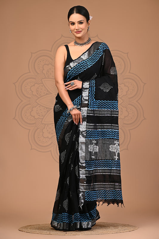 Black Hand Block Linen Printed Saree