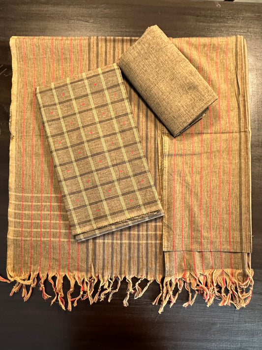Brown Checkered Handloom Cotton Suit