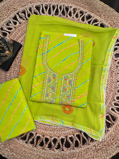 Parrot Green Leheriya Cotton 3-Piece Suit