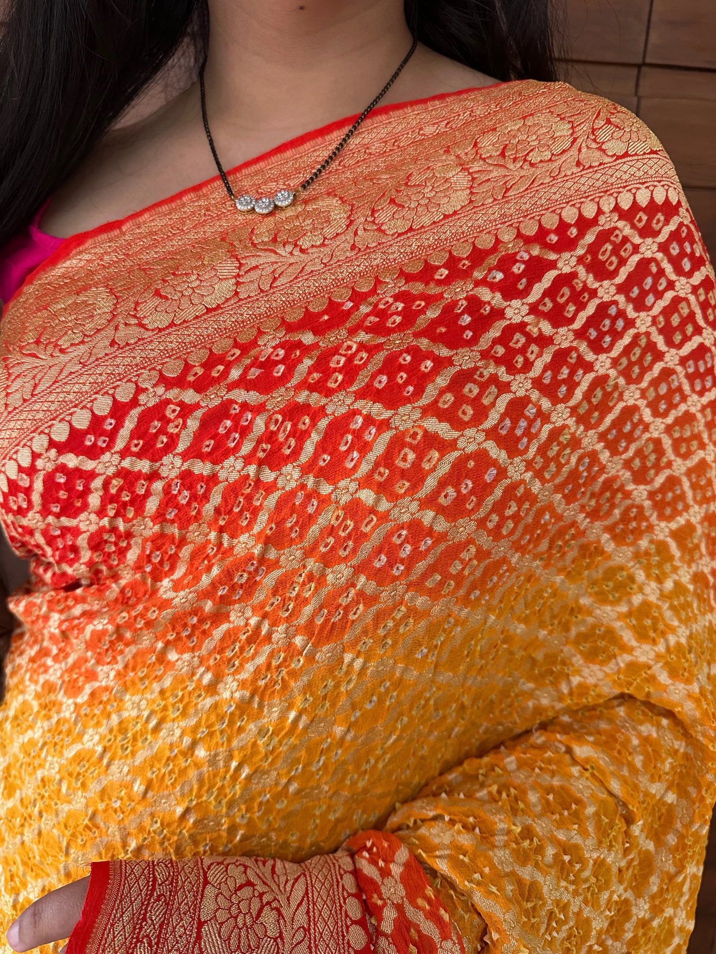 Yellow-Orange Gharchola Bandhej Pure Georgette Saree